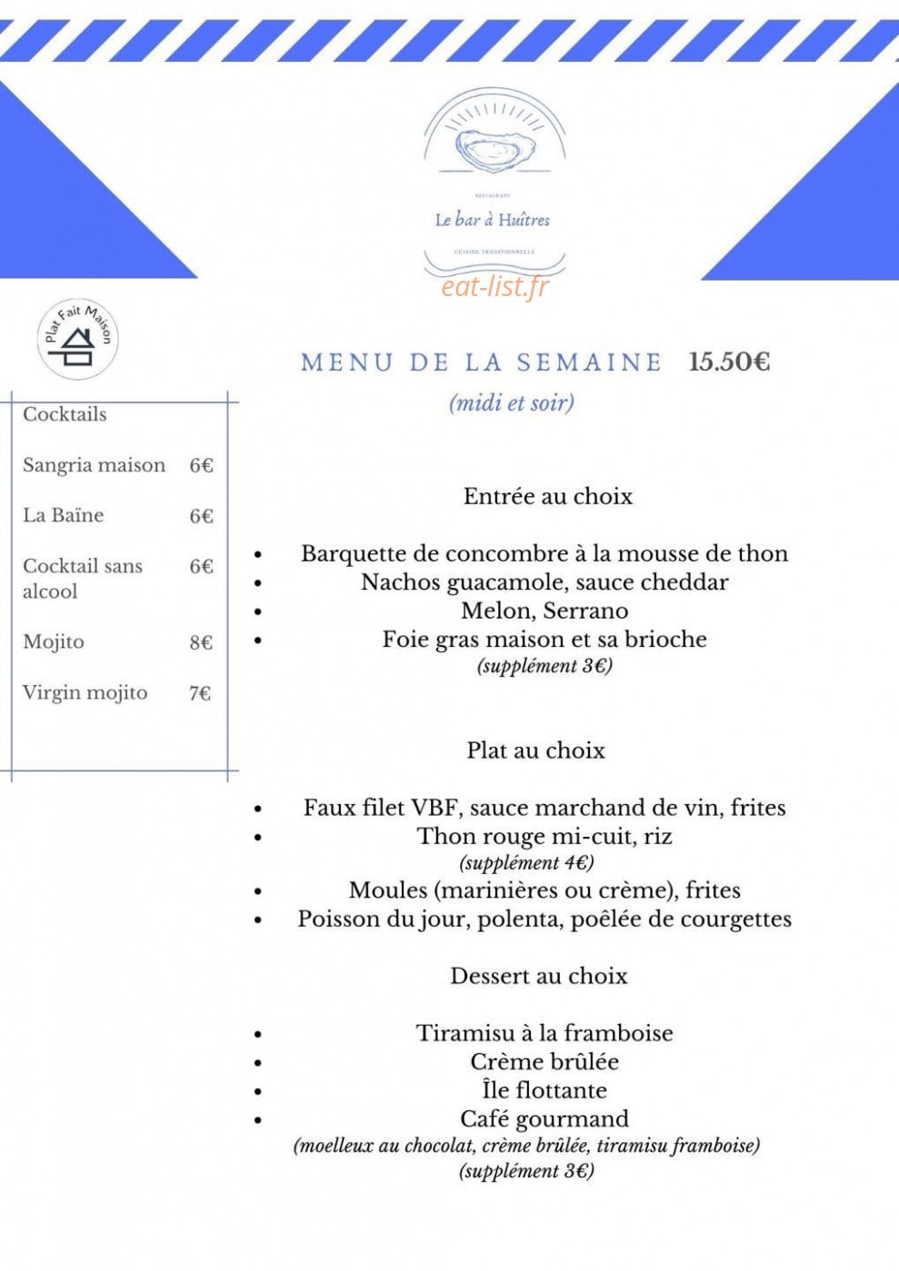 Carte et menu de Le Bar à Huitres à Biscarrosse Plage — Menu de la semaine