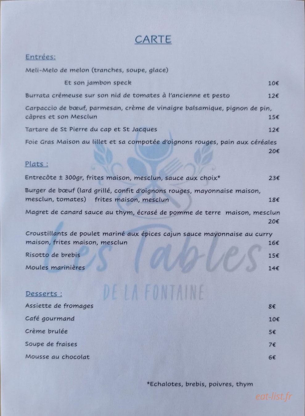 Les Tables de la Fontaine — carte page 1