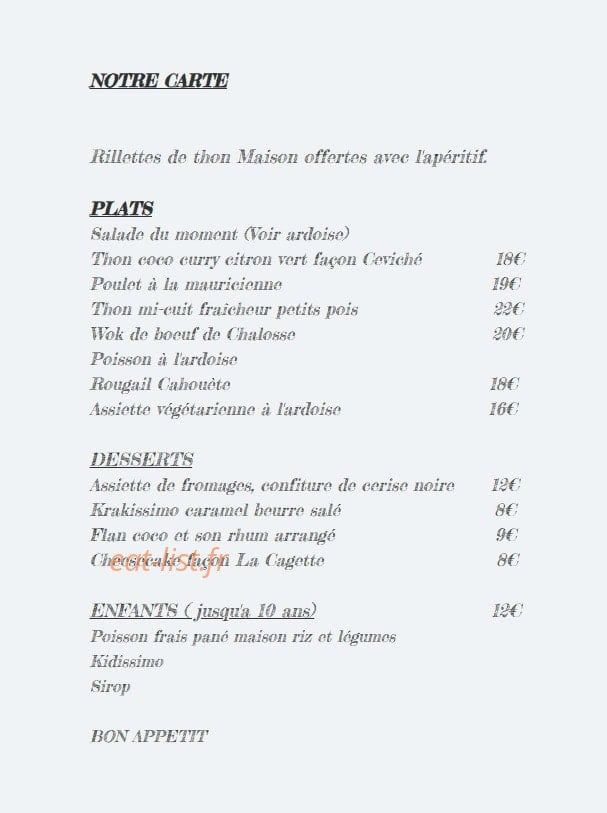 Carte et menu de La Cagette à Moliets et Maa — La carte