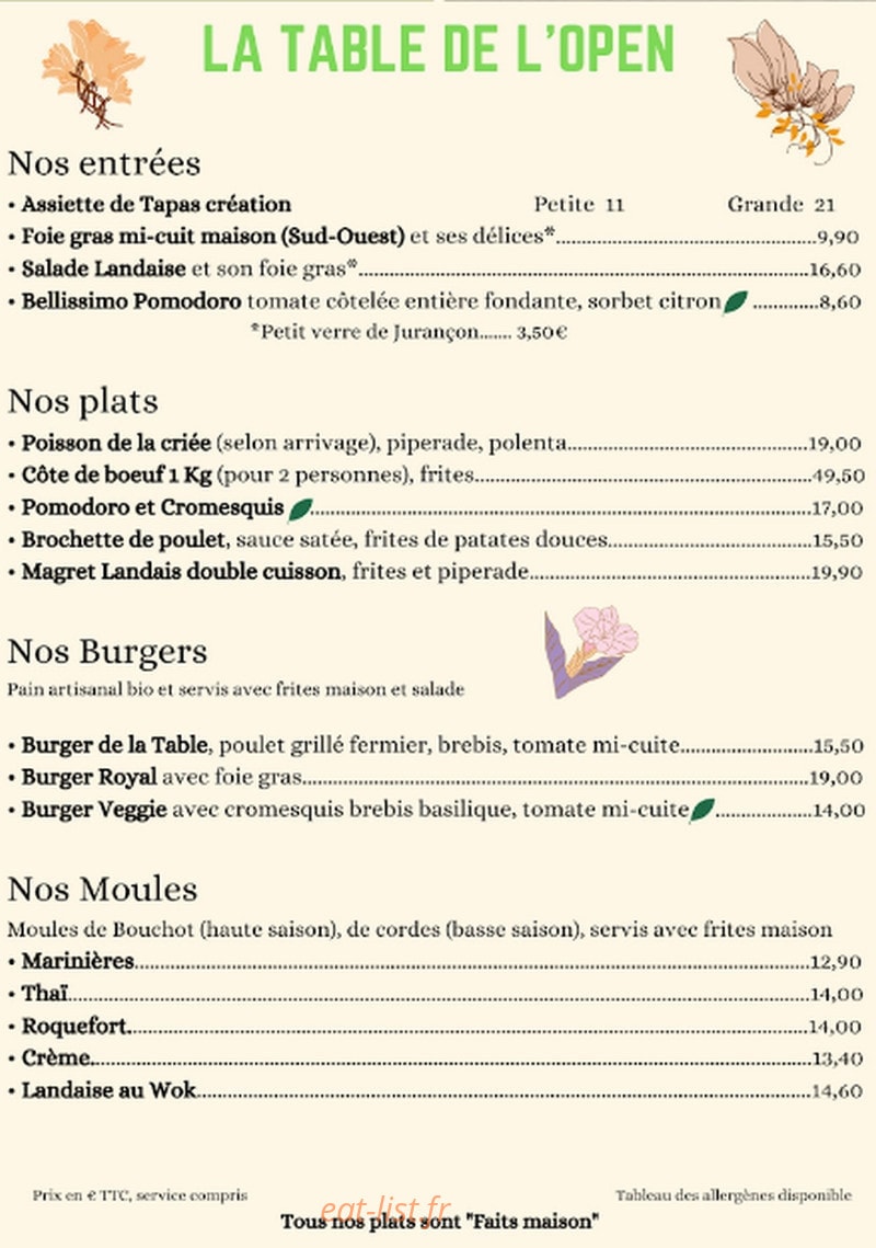 La Table de L'Open — carte page 1