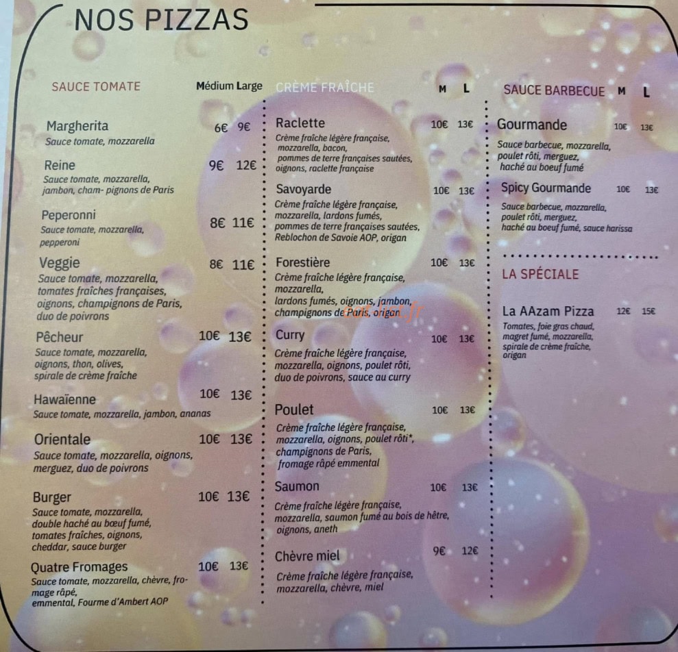 Aazam Pizza — carte page 1
