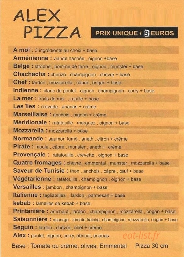 Alex pizza — carte page 1