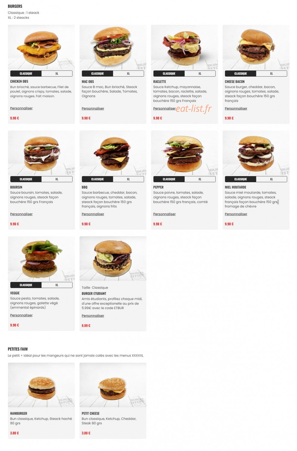 Original Burger Store — carte page 2