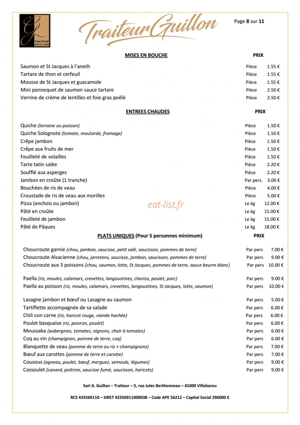 Traiteur Guillon — carte page 8