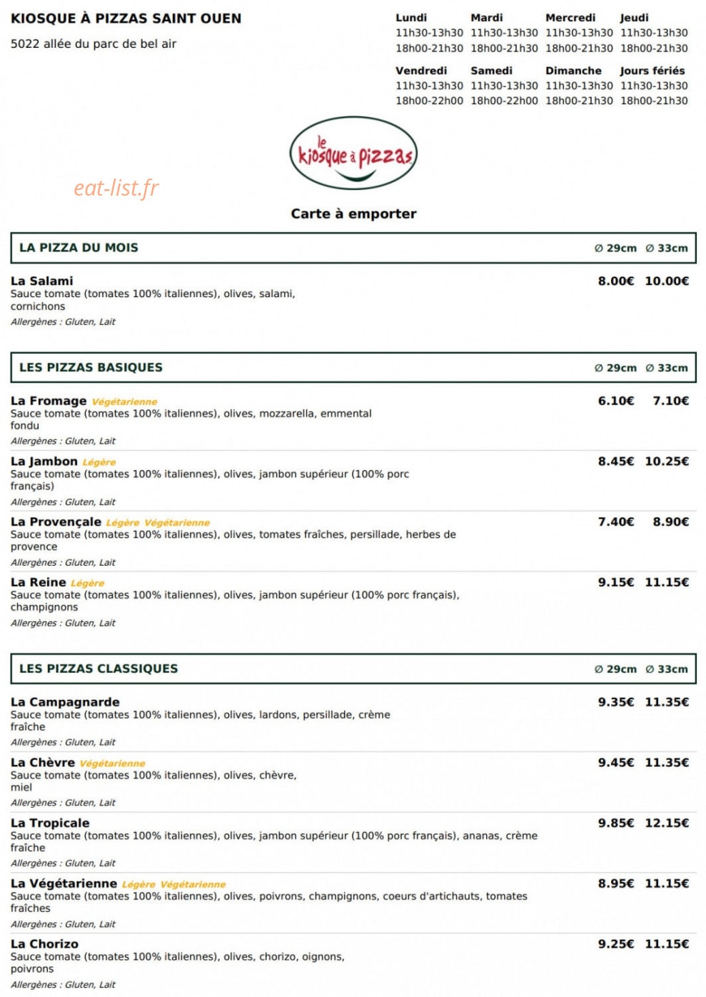 Le Kiosque à Pizzas — carte page 1