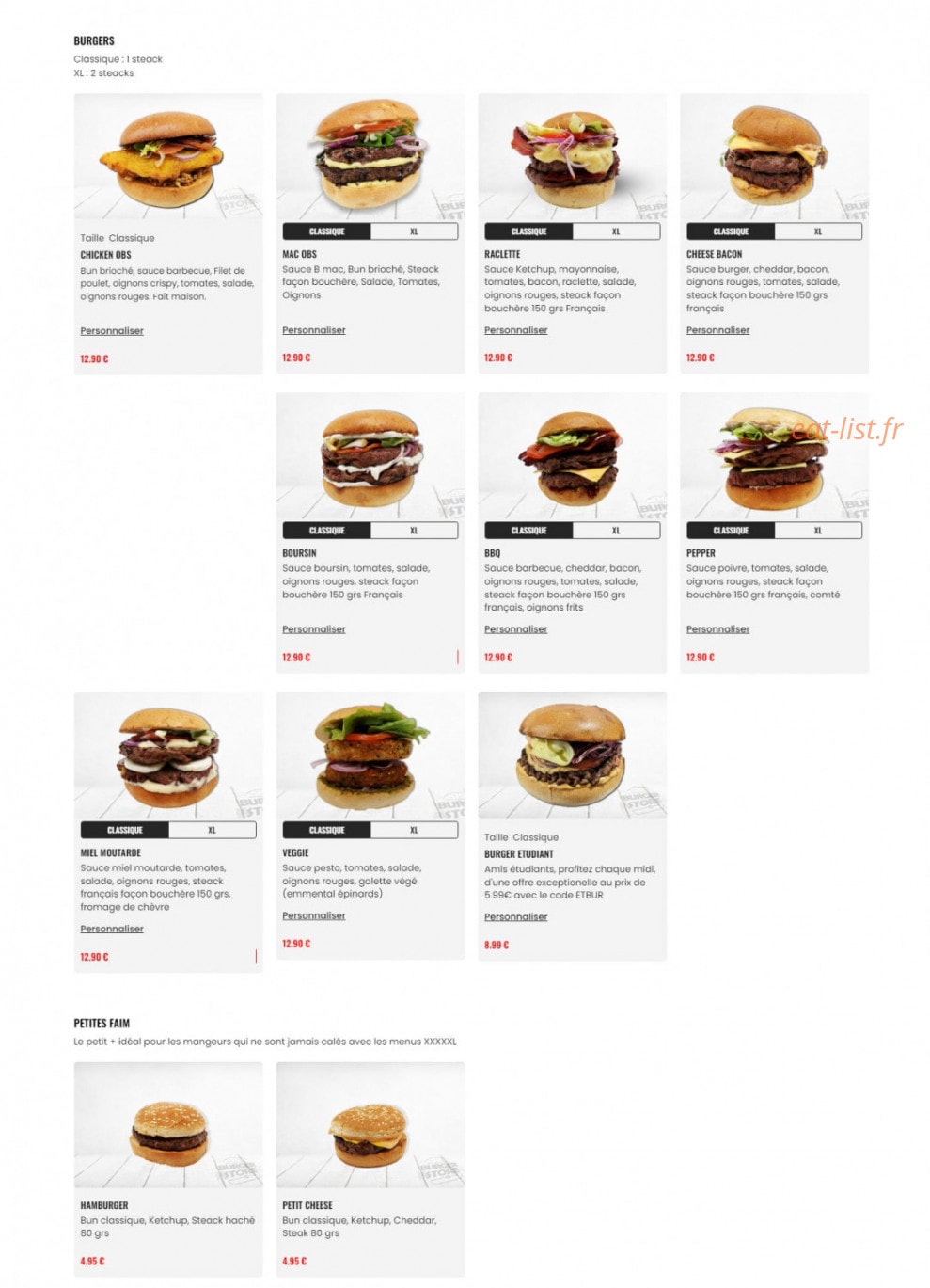 Original Burger Store — carte page 2