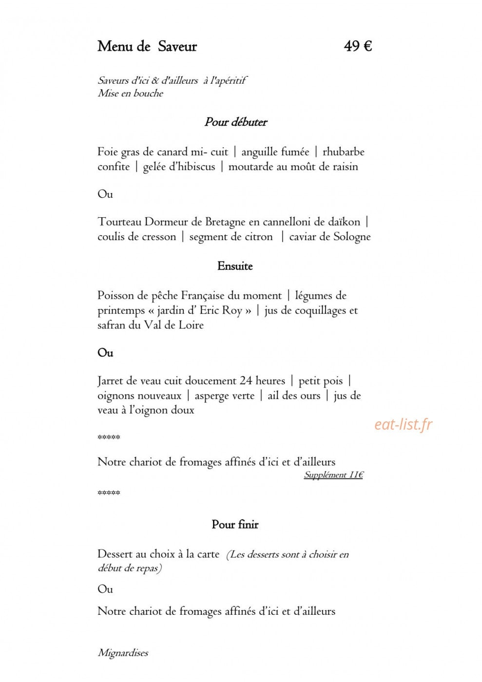Auberge de la Caillère — carte page 1