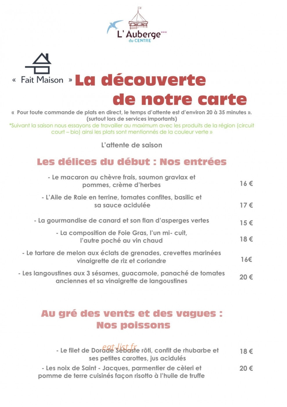 Auberge du Centre — carte page 1