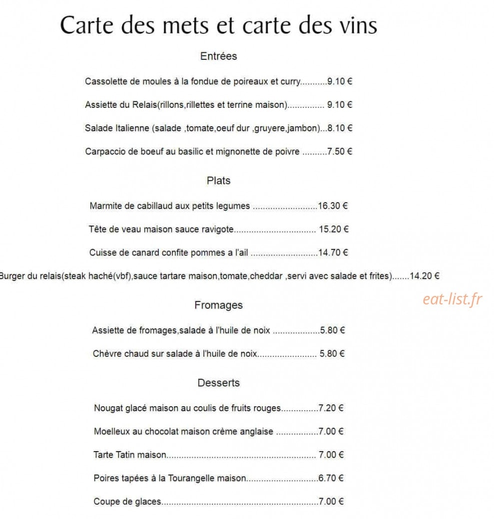 Carte et menu de Le Relais Touraine Sologne à Noyers sur Cher — les entrées, plats, dessserts et fromages
