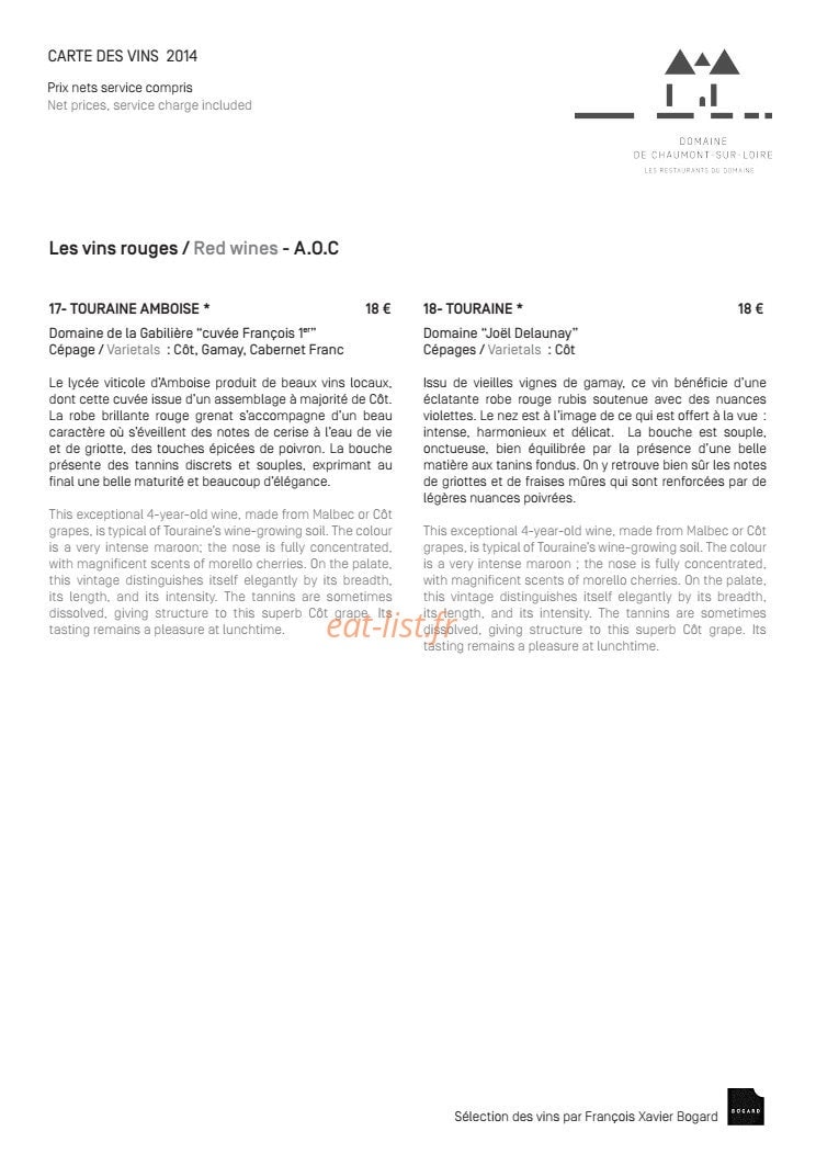 Carte et menu de Domaine de Chaumont sur Loire à Chaumont sur Loire — Les vins rouges (suite)