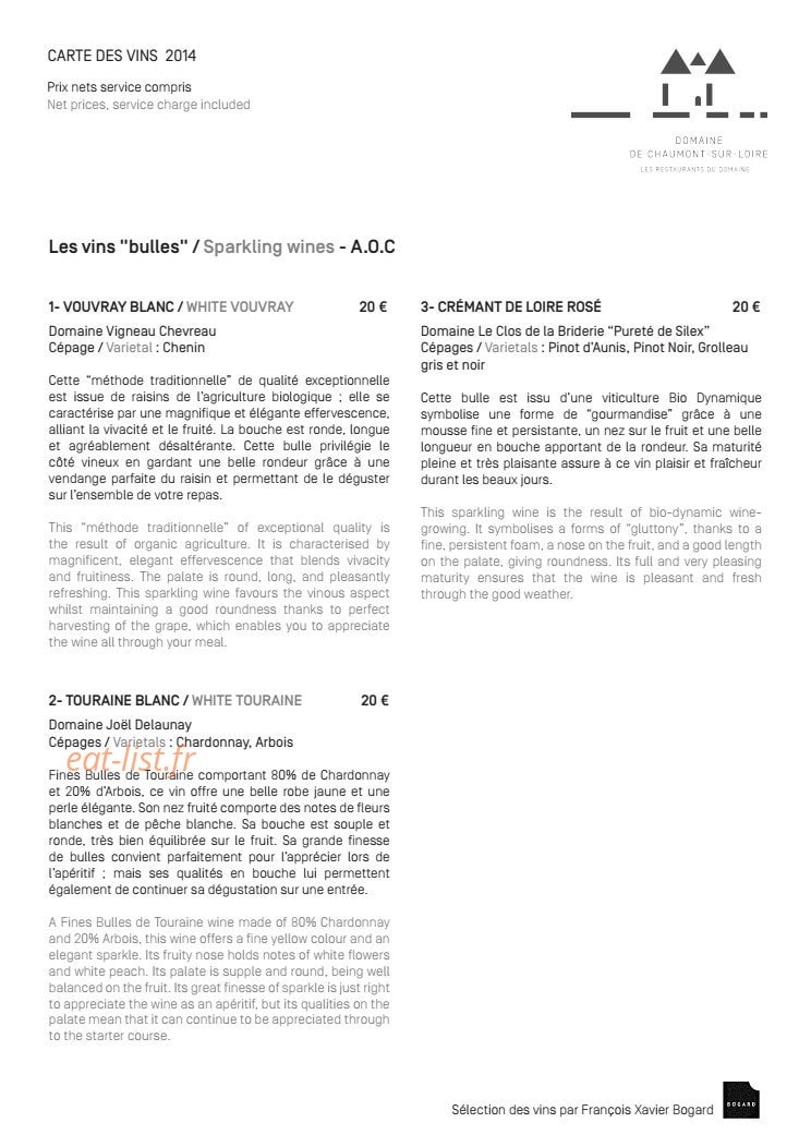 Carte et menu de Domaine de Chaumont sur Loire à Chaumont sur Loire — Les vins bulles
