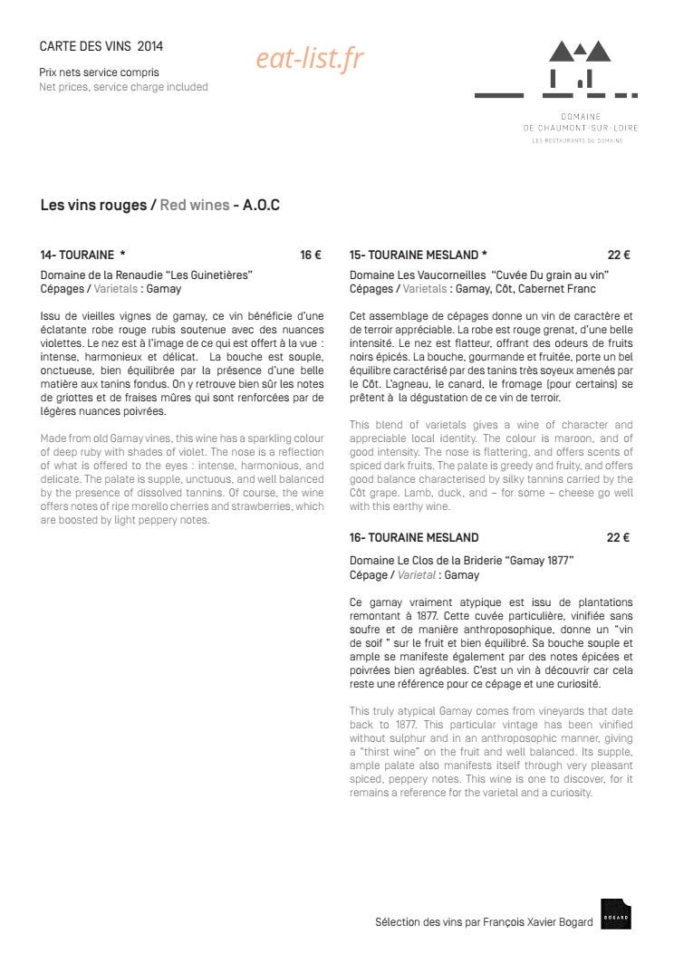 Carte et menu de Domaine de Chaumont sur Loire à Chaumont sur Loire — Les vins rouges