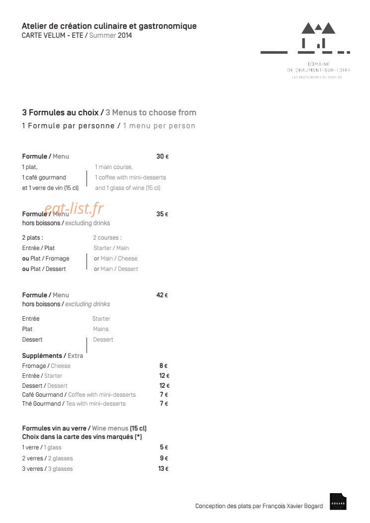 Carte et menu de Domaine de Chaumont sur Loire à Chaumont sur Loire — Les formules menus