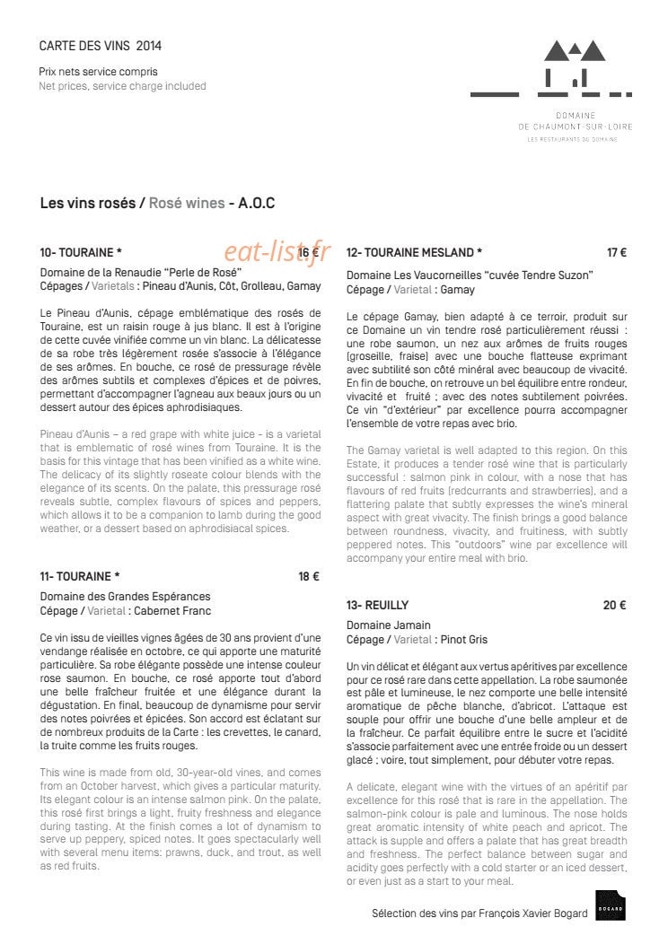Carte et menu de Domaine de Chaumont sur Loire à Chaumont sur Loire — Les vins rosés
