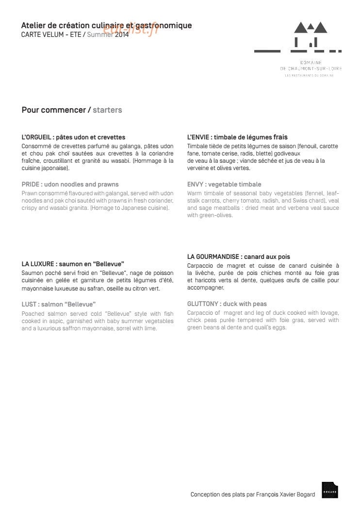 Carte et menu de Domaine de Chaumont sur Loire à Chaumont sur Loire — Les entrées