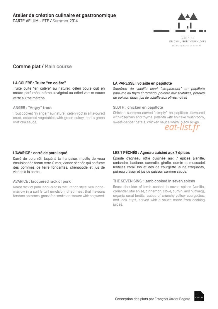 Carte et menu de Domaine de Chaumont sur Loire à Chaumont sur Loire — Les plats