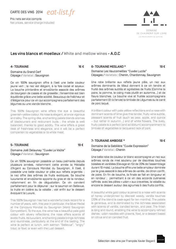 Carte et menu de Domaine de Chaumont sur Loire à Chaumont sur Loire — Les vins blancs et moelleux