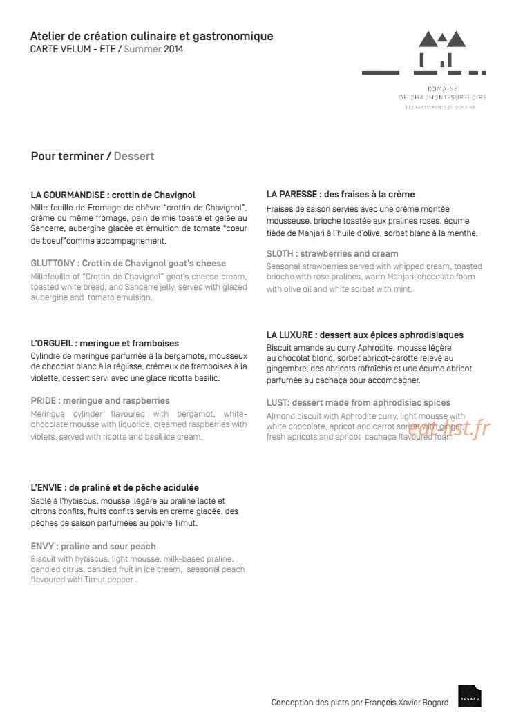 Carte et menu de Domaine de Chaumont sur Loire à Chaumont sur Loire — Les desserts