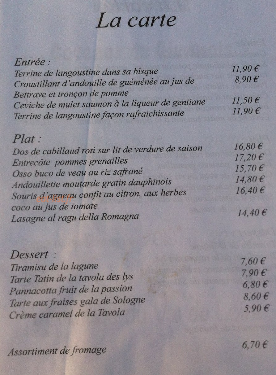 La Tavola des Lys — carte page 1