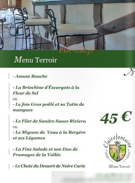 Carte et menu de Auberge Clairefontaine à Saint Hilaire la Gravelle — Le menu terroir