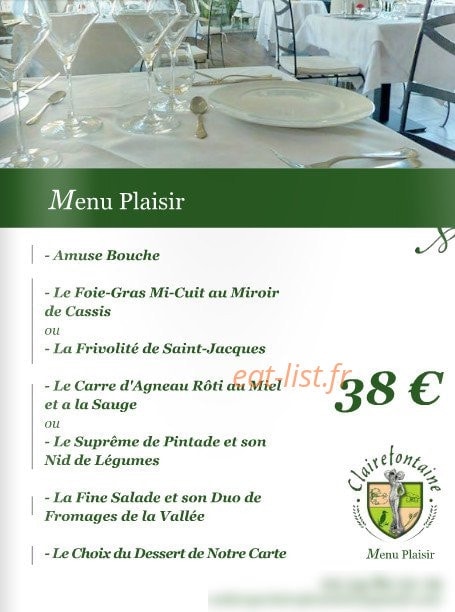 Carte et menu de Auberge Clairefontaine à Saint Hilaire la Gravelle — Le menu plaisir