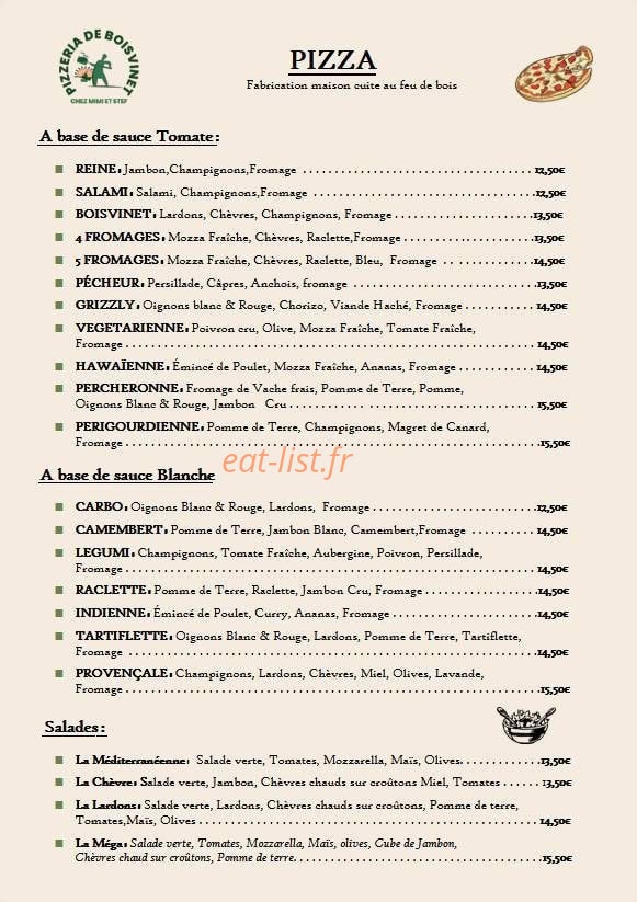 Pizzeria de Boisvinet — carte page 1