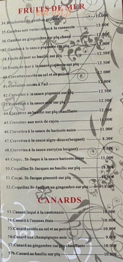 Carte et menu de Le Nouveau Palais du Bonheur à Romorantin Lanthenay — Les fruites de mers et canards