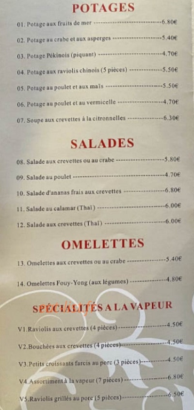 Carte et menu de Le Nouveau Palais du Bonheur à Romorantin Lanthenay — Les salades, potages et omelettes,...