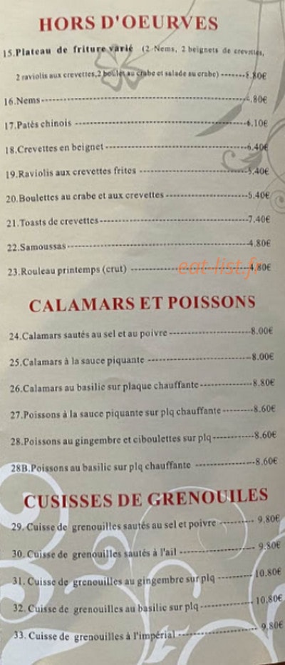 Carte et menu de Le Nouveau Palais du Bonheur à Romorantin Lanthenay — Les hors d'œuvres, canards et poissons,...