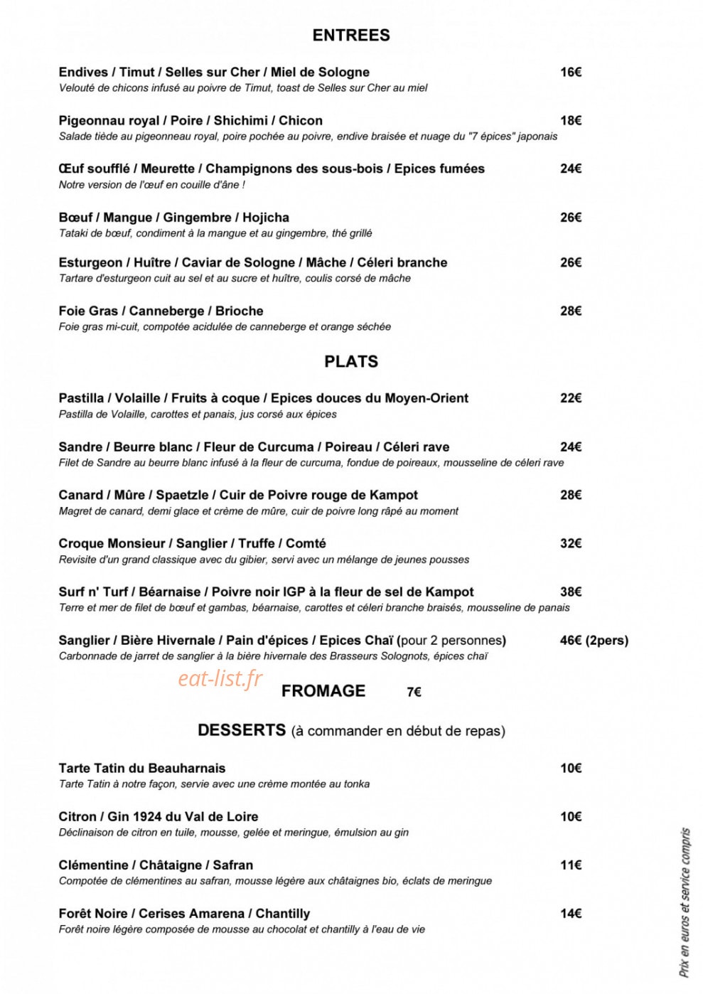 Carte et menu de Auberge le Beauharnais à La Ferte Beauharnais — Carte
