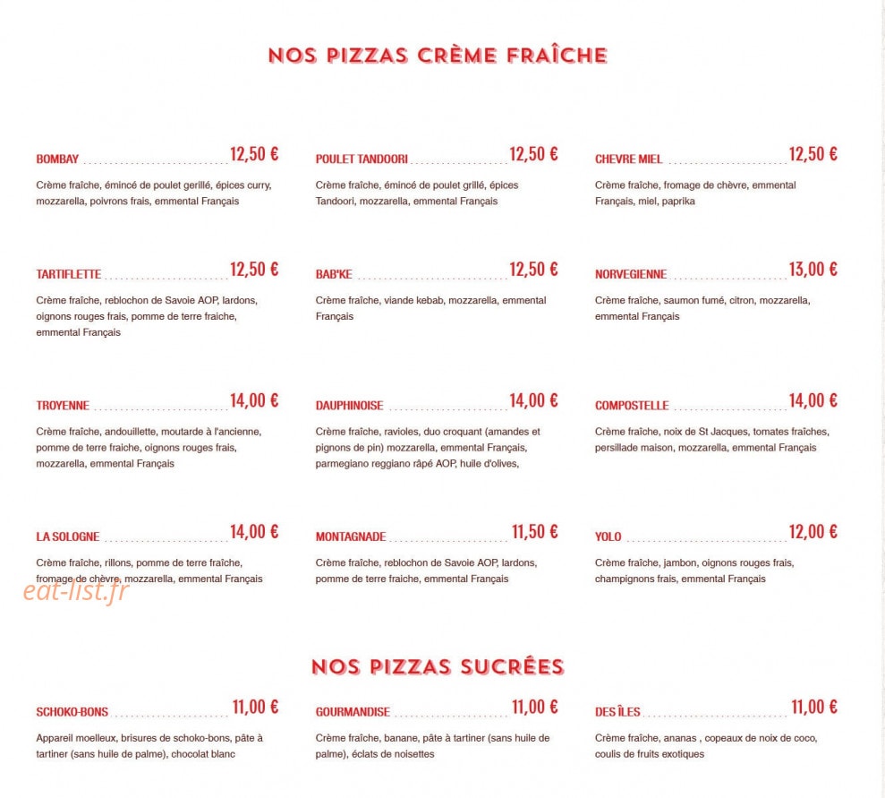 Carte et menu de Pizzeria Mont Pizza'Yolo à Mont Pres Chambord — Les pizzas crème fraîche et sucrée