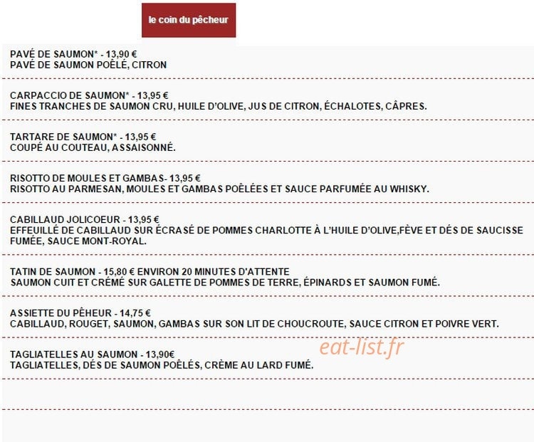 Carte et menu de La Cabane du Trappeur à La Chaussee Saint Victor — Les poissons