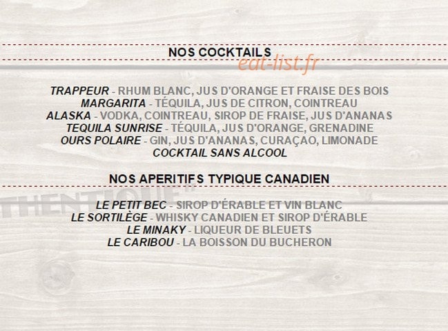 Carte et menu de La Cabane du Trappeur à La Chaussee Saint Victor — Les cocktails et apéritifs