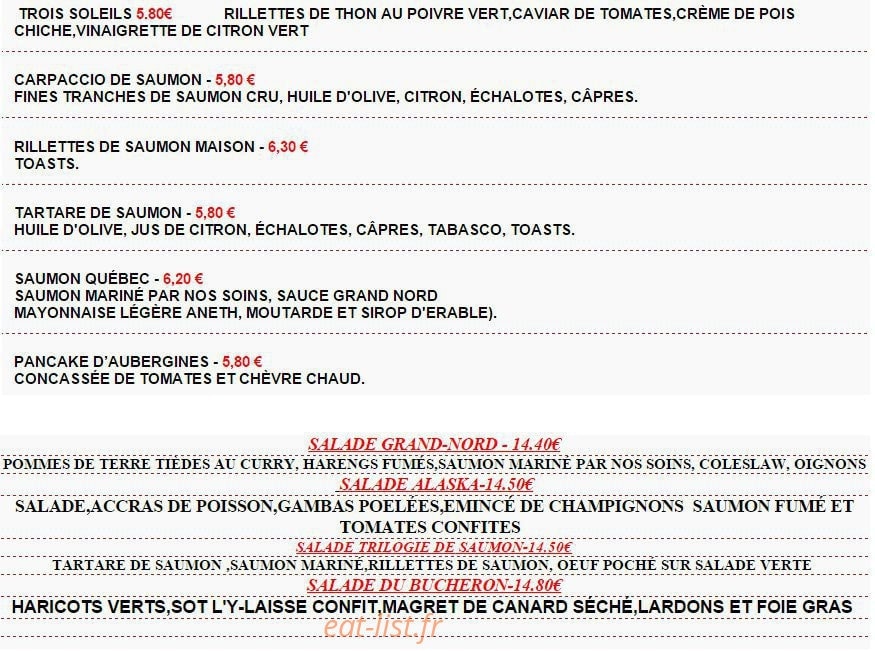Carte et menu de La Cabane du Trappeur à La Chaussee Saint Victor — Les entrées, salades