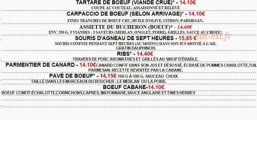 Carte et menu de La Cabane du Trappeur à La Chaussee Saint Victor — Les viandes