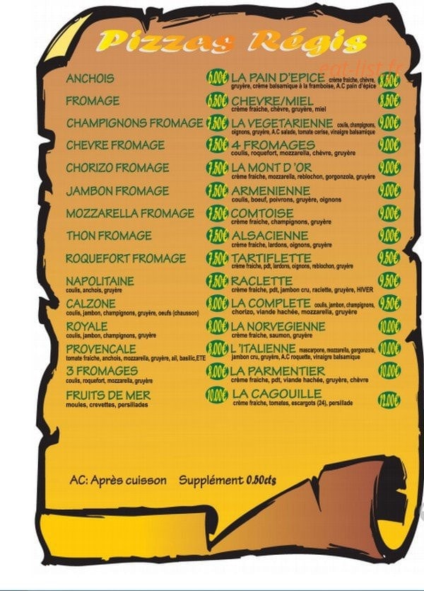 Les Pizzas Régis — carte page 2