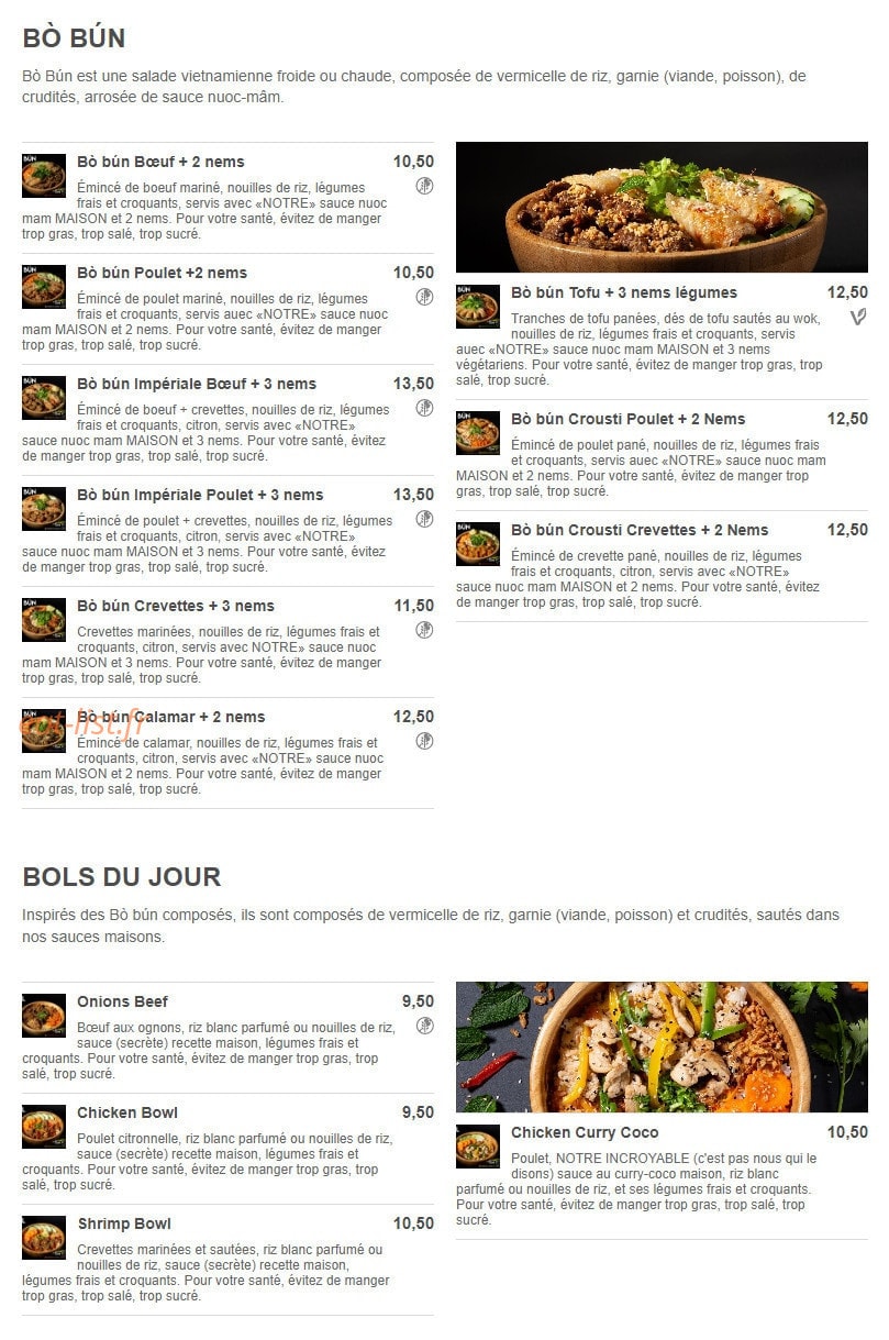 Carte et menu de Bò Bún King Food à Saint Gervais la Foret — Les bobun, bols du jour