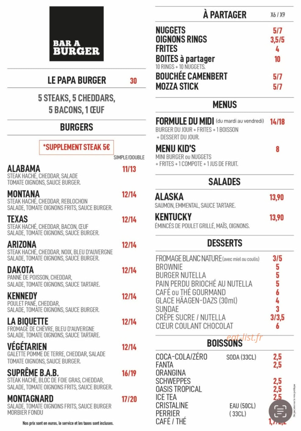 Bar à Burger — carte page 1