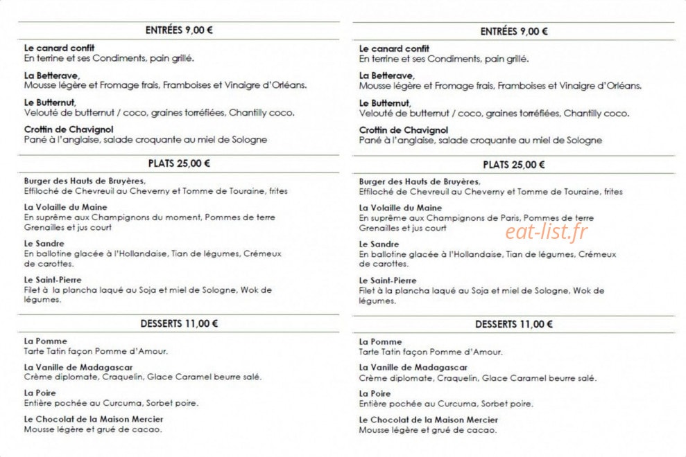 Le Bistrot des Hauts de Bruyères — carte page 1