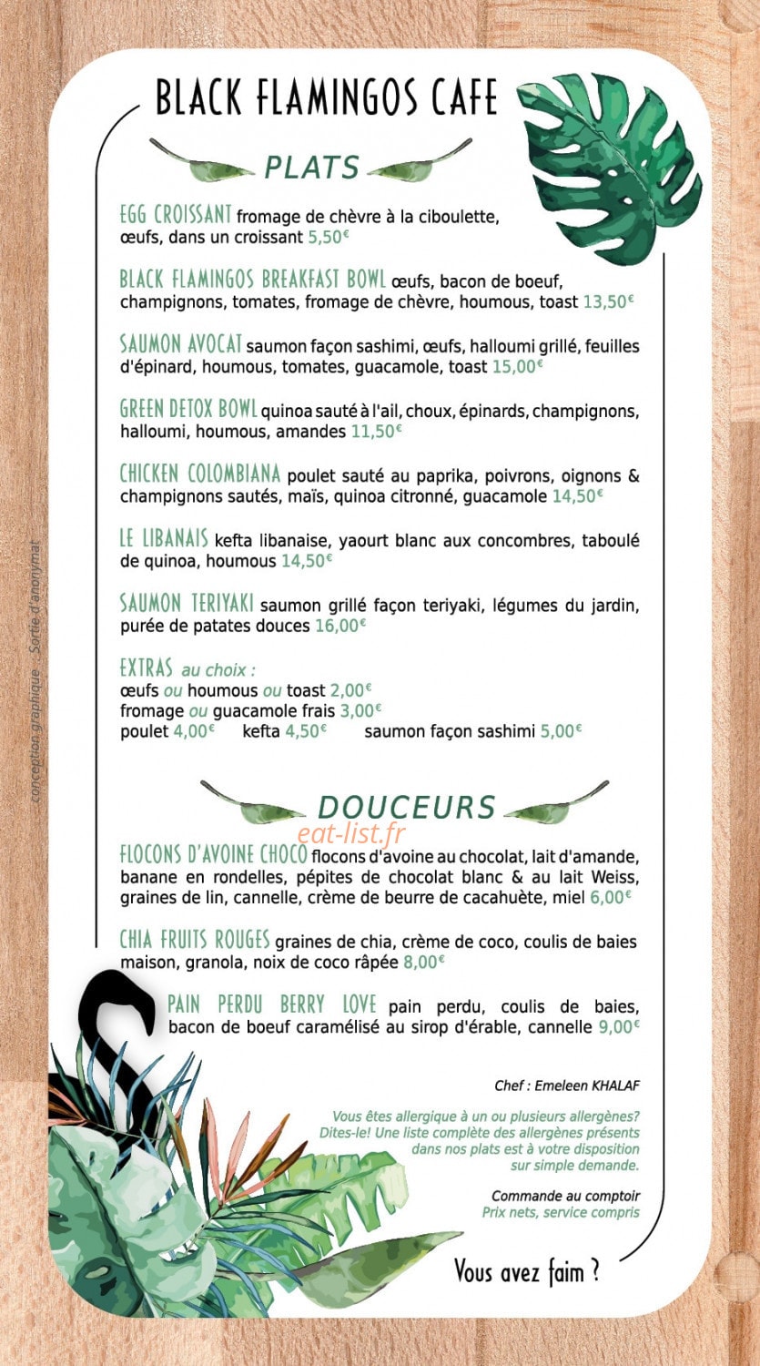 Black Flamingos Cafe — carte page 1