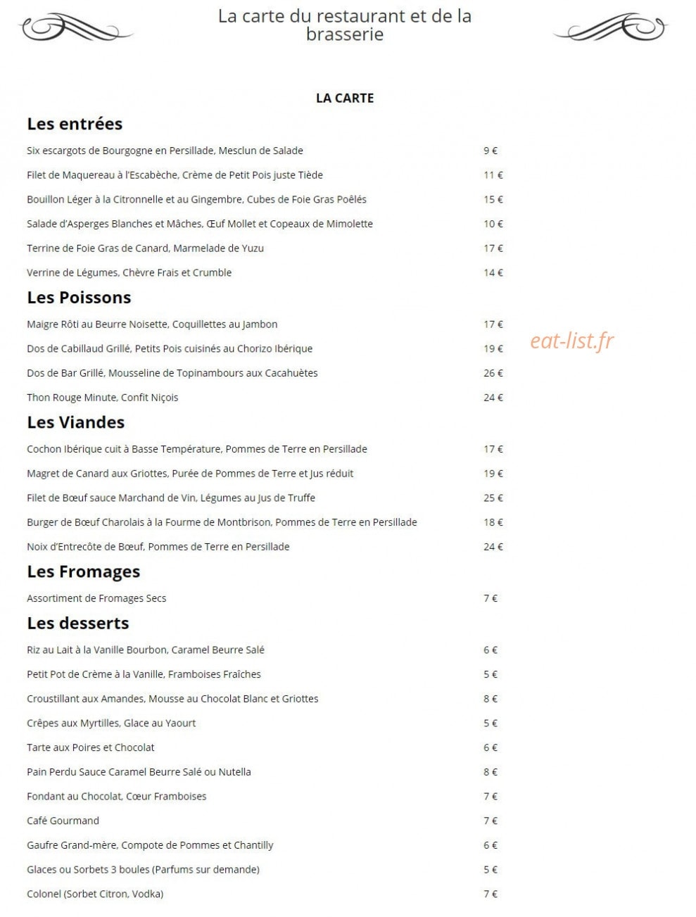 Le Bistrot de Paris — carte page 1