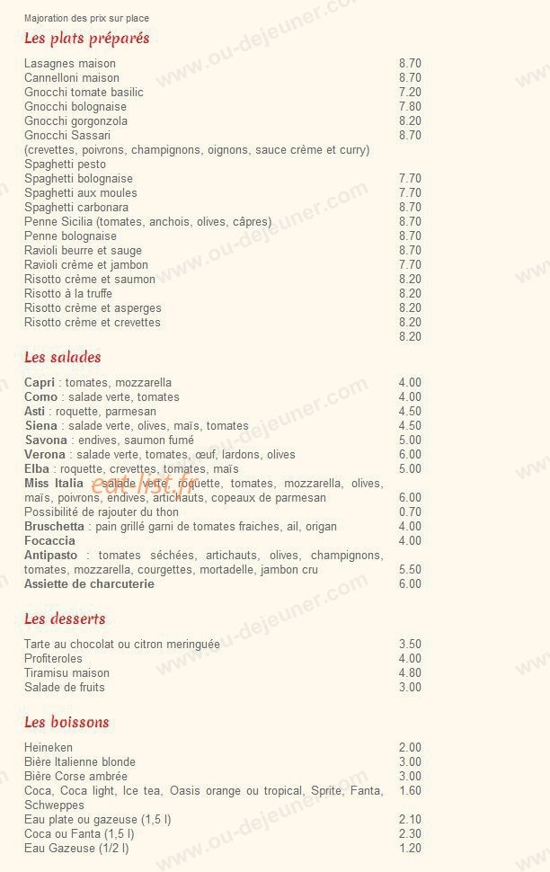 Carte et menu de Pizzeria Miss Italia à Saint Etienne — Les plats, salades, desserts et boissons