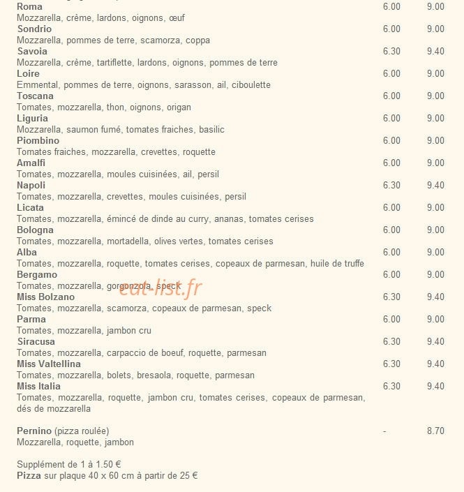 Carte et menu de Pizzeria Miss Italia à Saint Etienne — Les pizzas suite