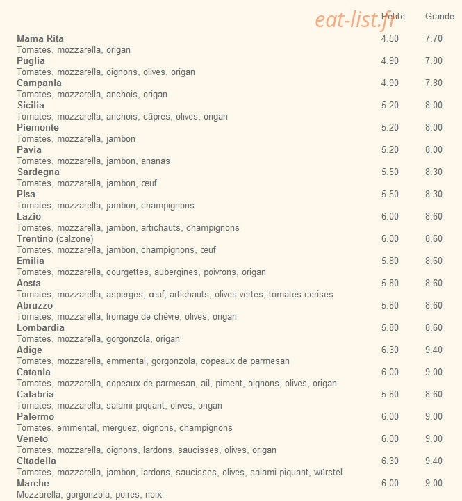 Carte et menu de Pizzeria Miss Italia à Saint Etienne — Les pizzas