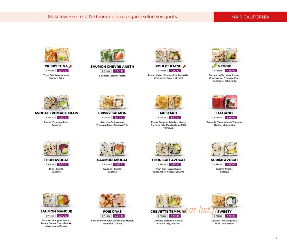 Carte et menu de Eat Sushi à Andrezieux Boutheon — Maki california