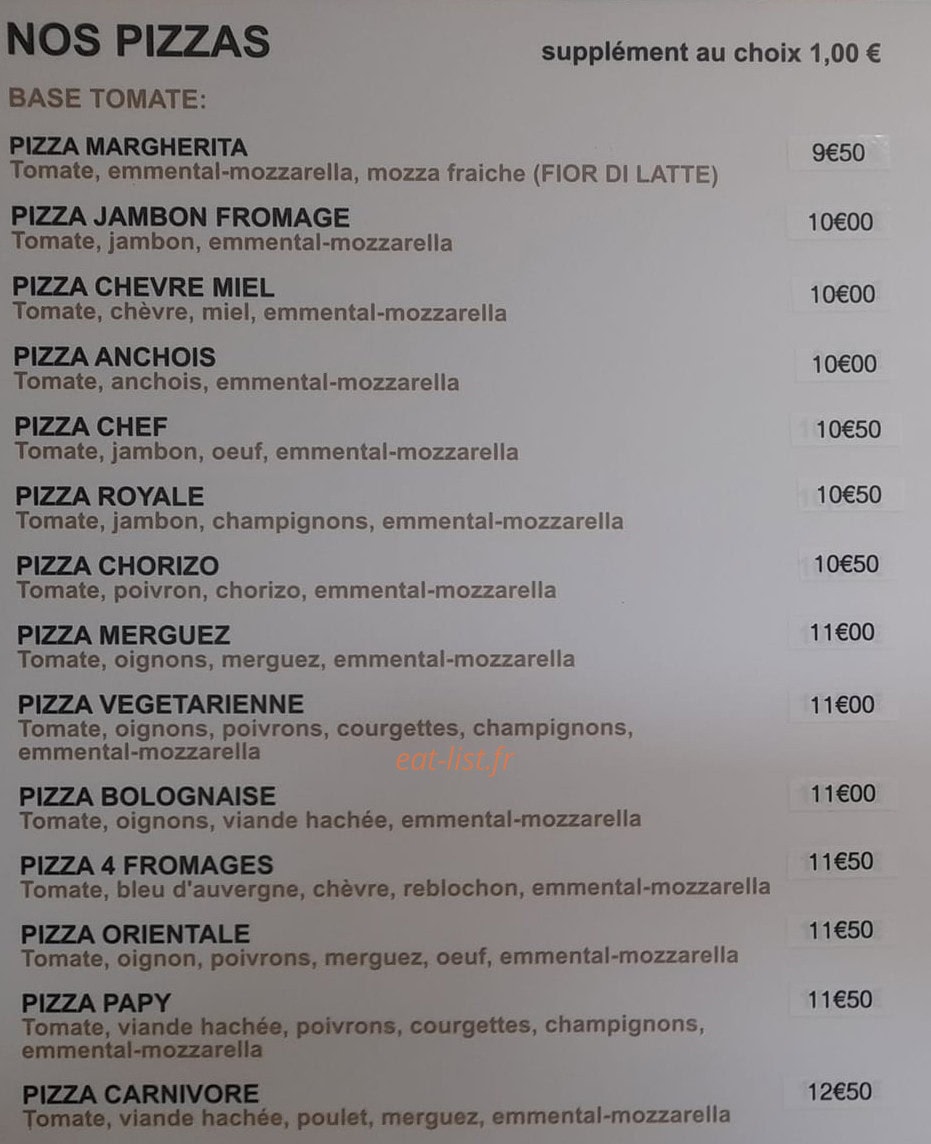 Jef Pizza — carte page 1
