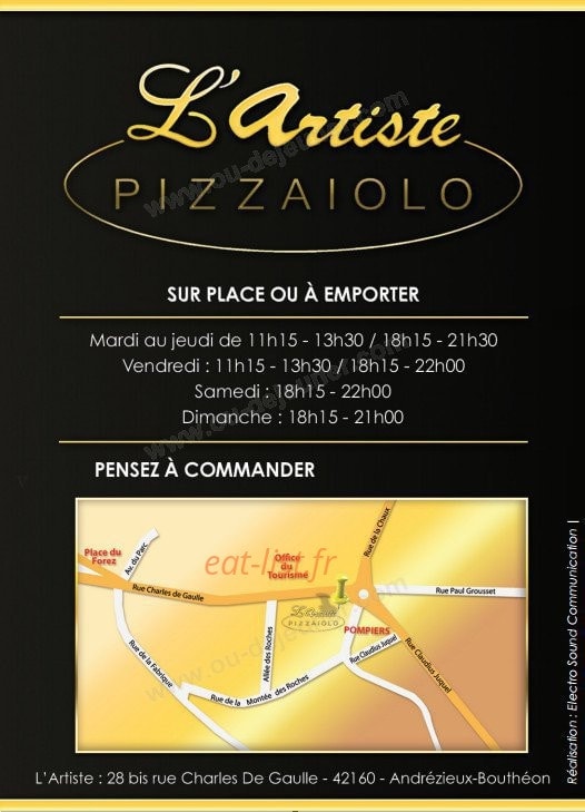 Carte et menu de L'Artiste Pizzaiolo à Andrezieux Boutheon — Les informations supplémentaires