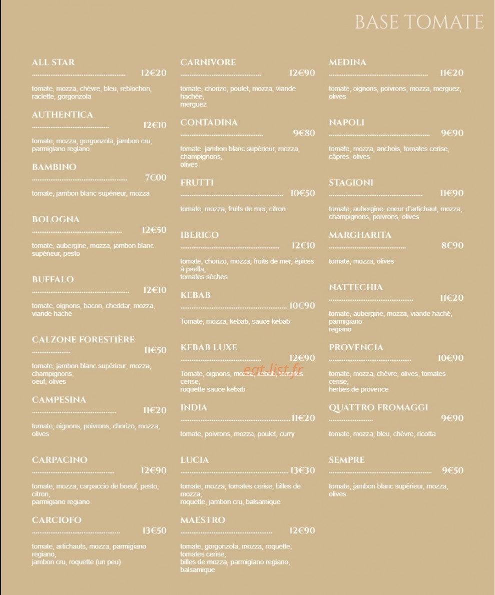 Carte et menu de L'Artiste Pizzaiolo à Andrezieux Boutheon — Les pizzas bases tomates