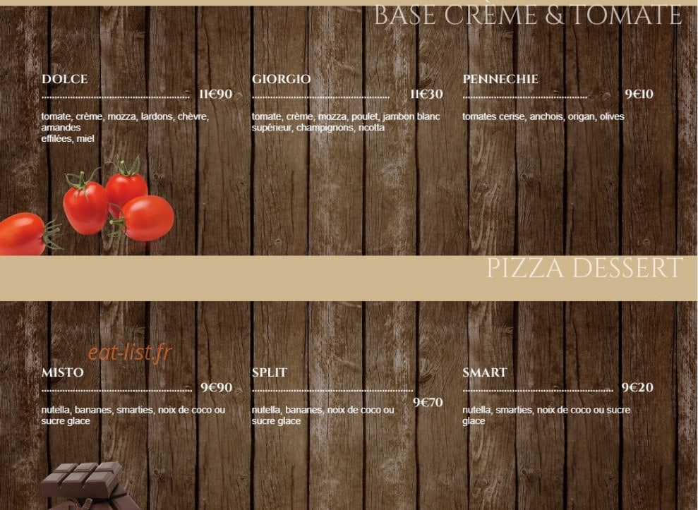 Carte et menu de L'Artiste Pizzaiolo à Andrezieux Boutheon — Les pizzas base crèmes et tomates et pizza dessert