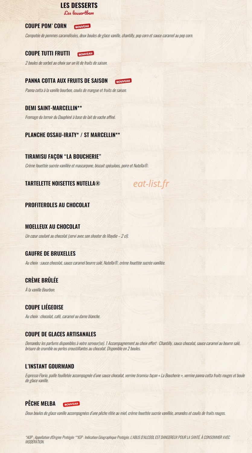 Carte et menu de La Boucherie à Andrezieux Boutheon — Les desserts